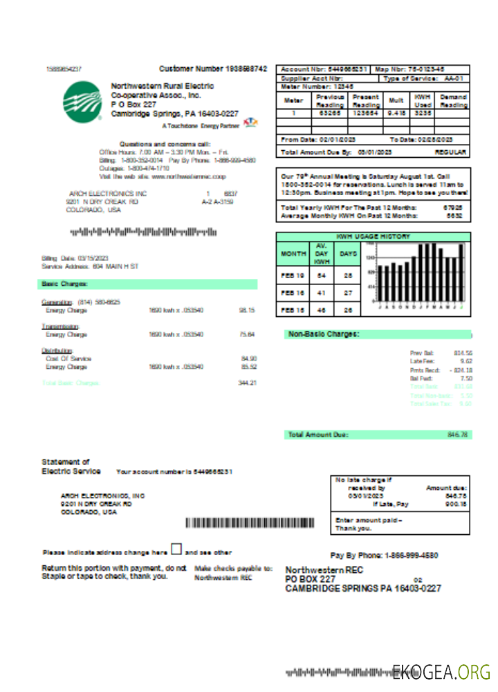 Facture commerciale du service public d'électricité rurale du Nord Ouest SCR